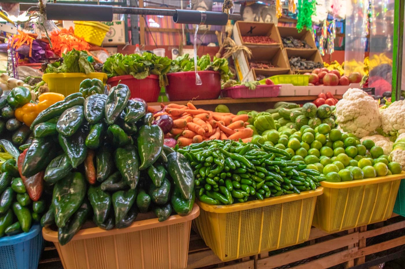 Green chillies in a market basket