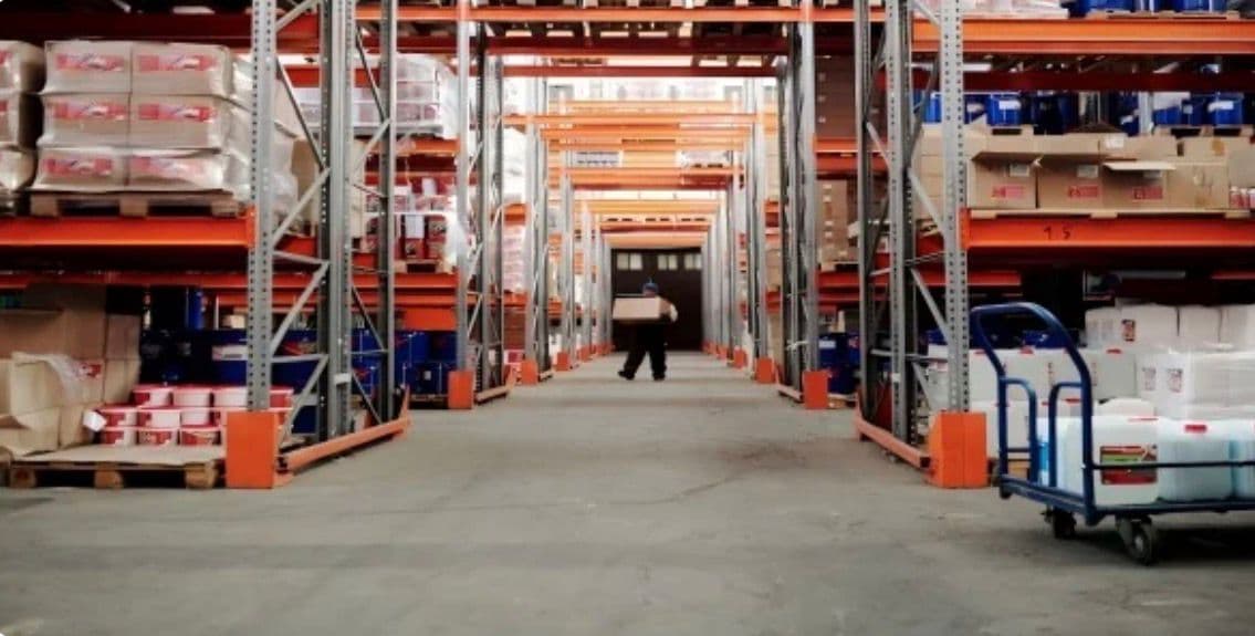 Pallet racking in a distribution warehouse