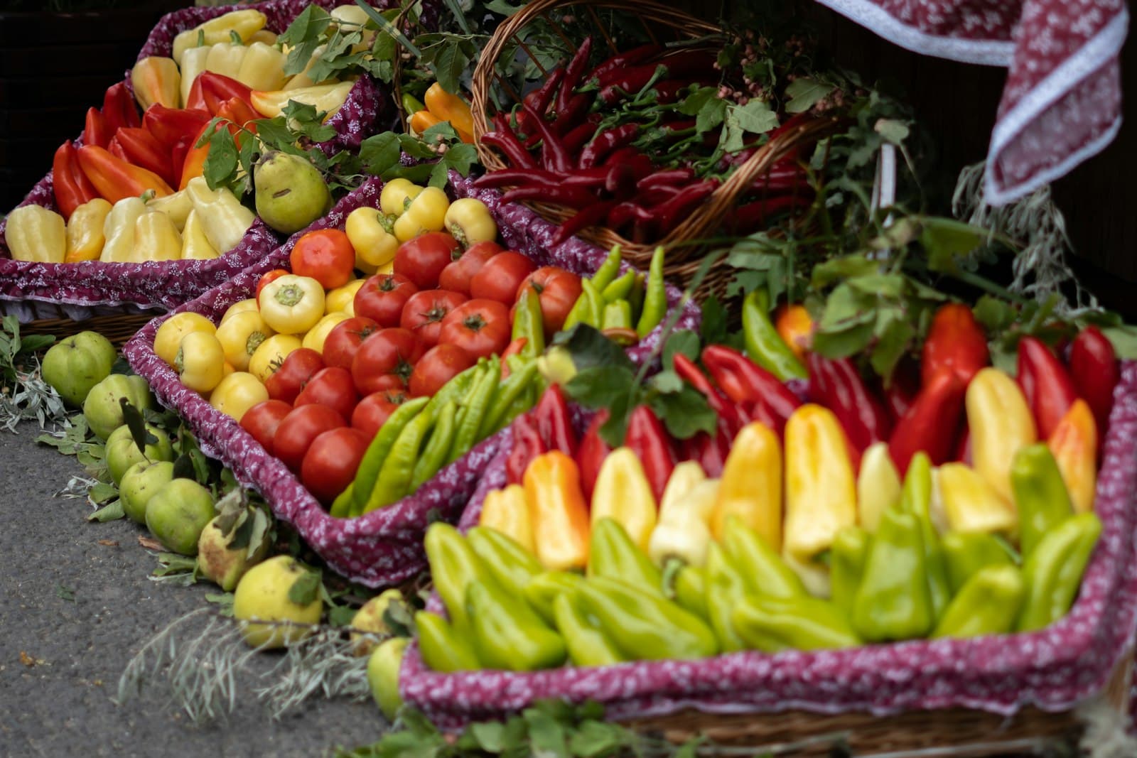 Baskets overflowing with fruit and vegetables