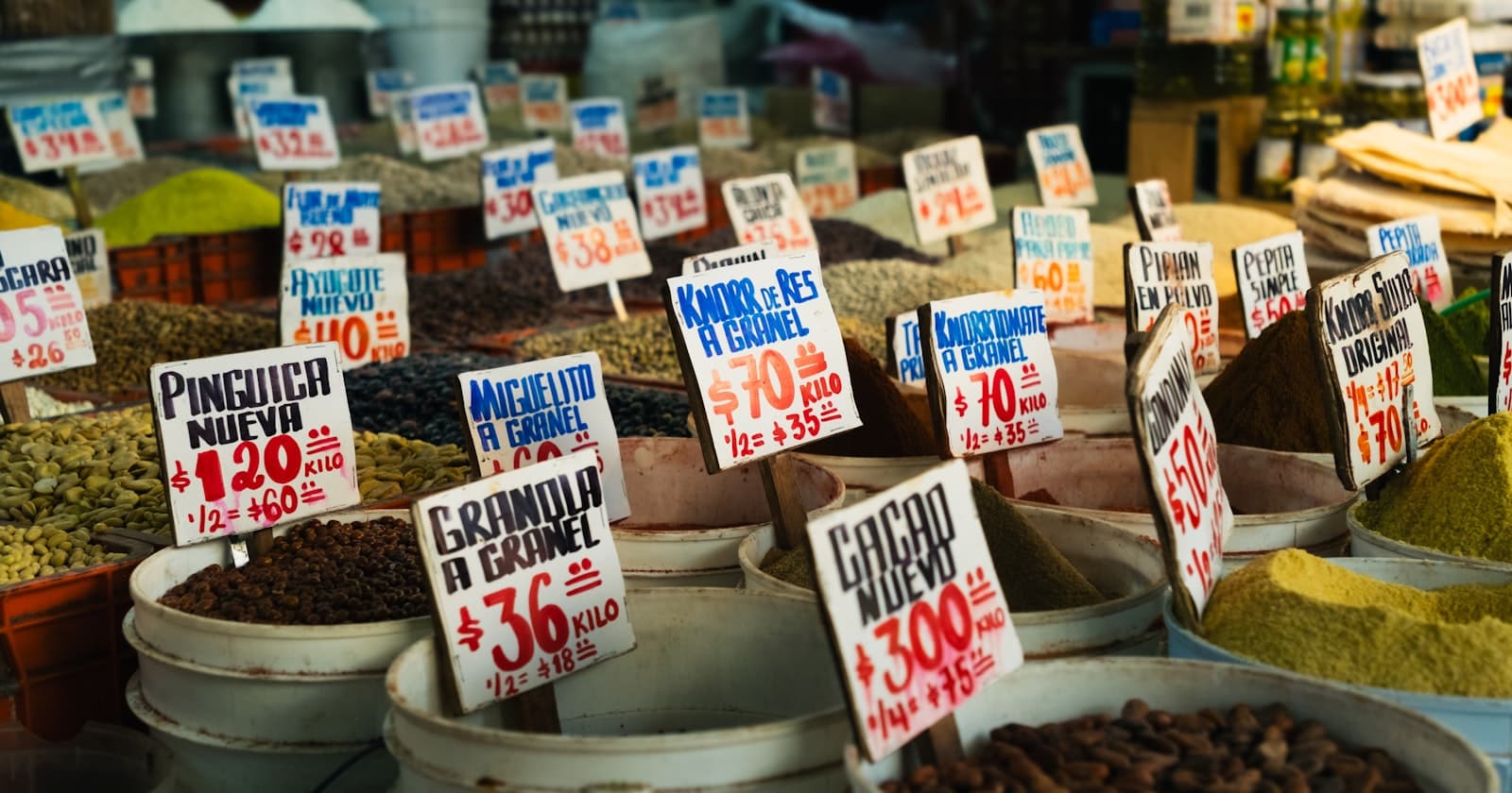 Spices and grains on a market stall