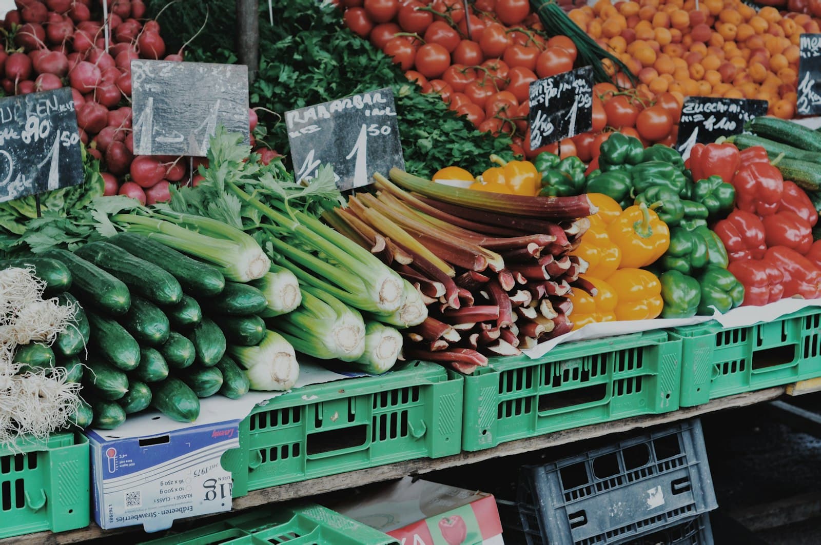 Fresh vegetables in market crates