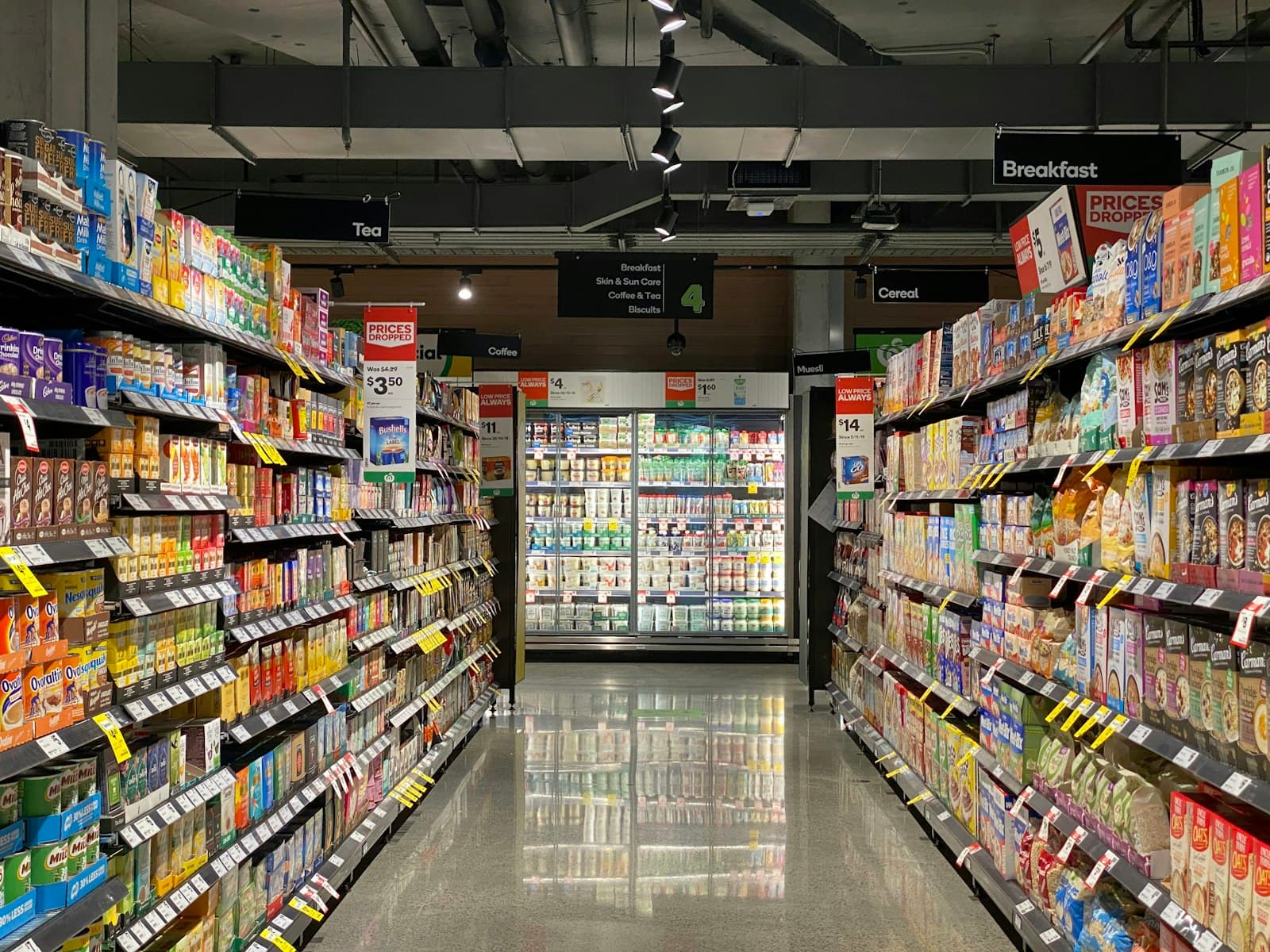 A stocked grocery aisle
