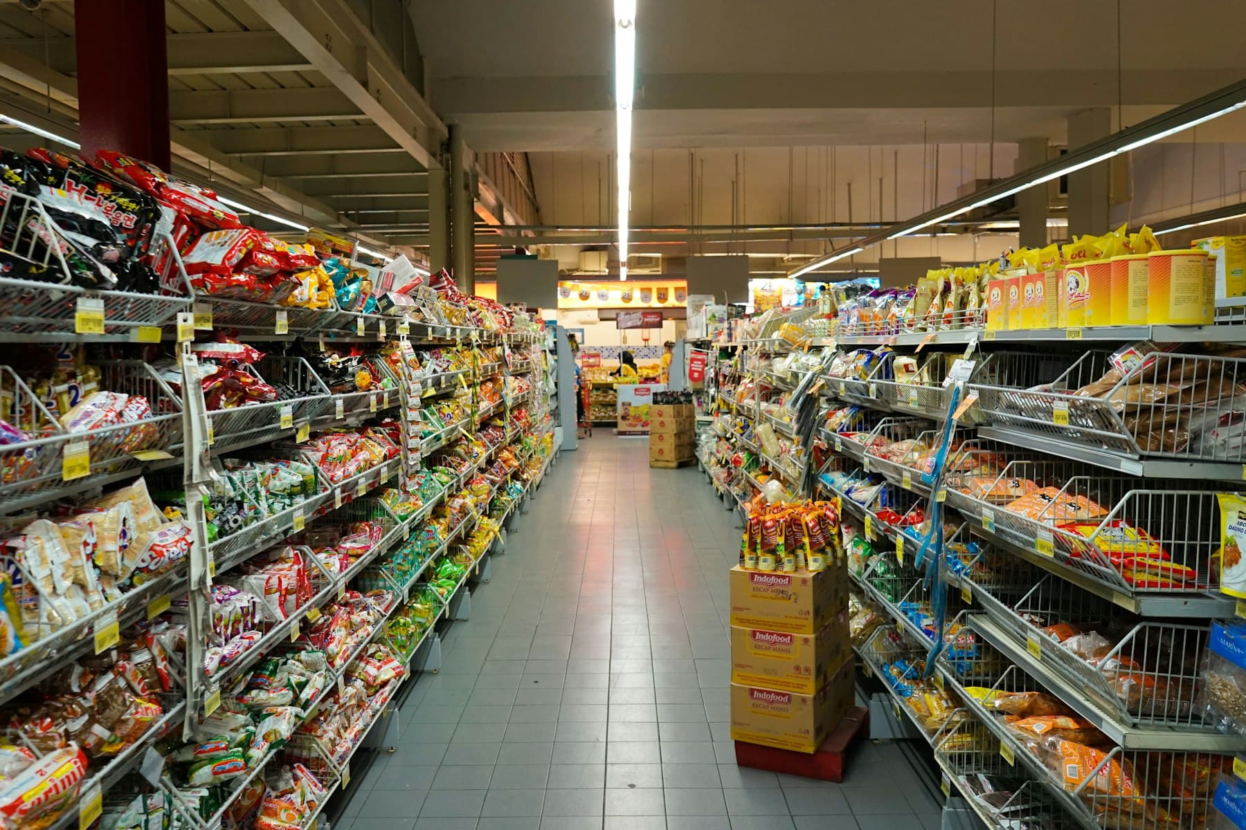 Wide view down a grocery aisle